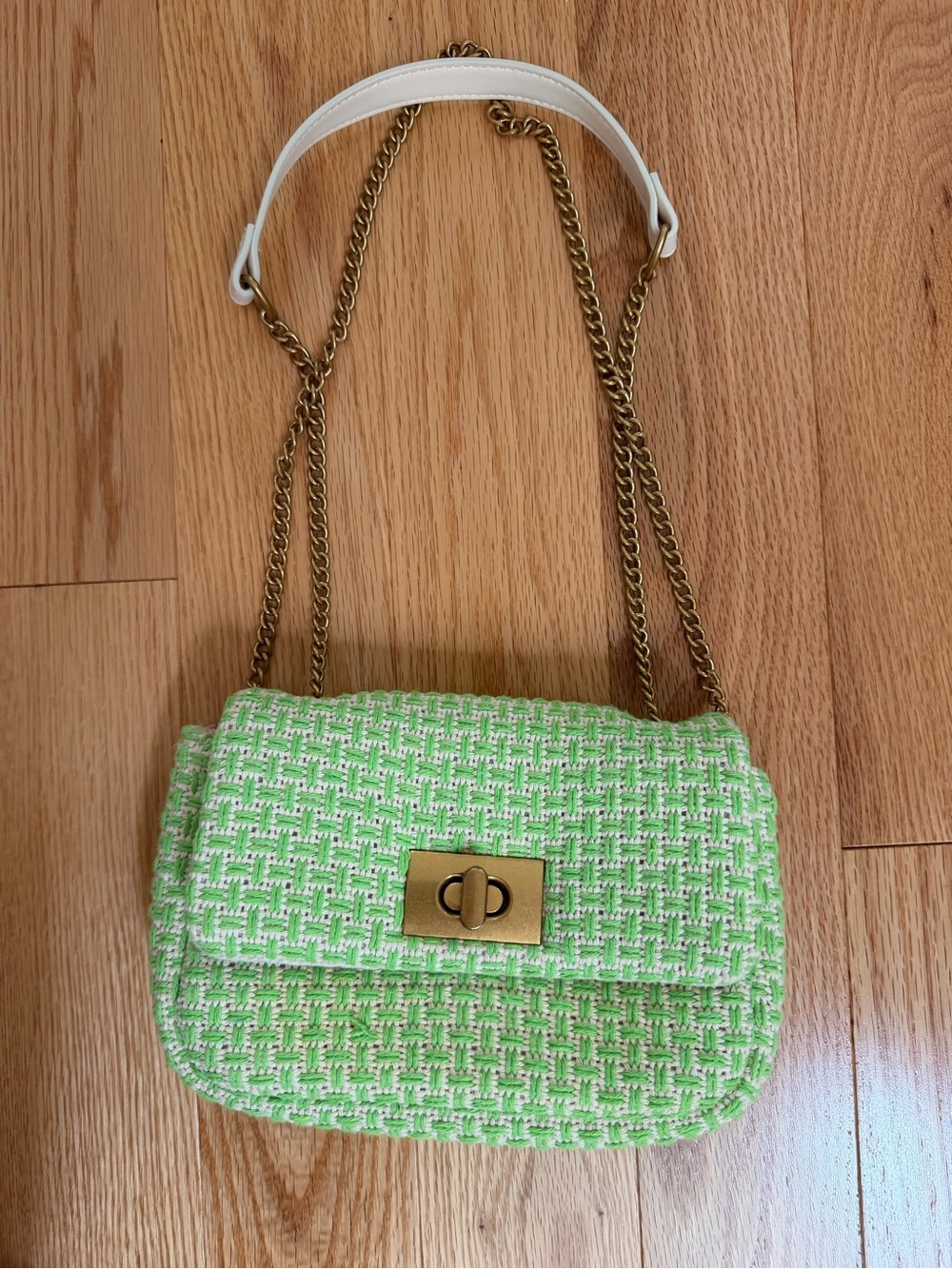 H&M Lime Green Tweed Chain Crossbody Bag with White Shoulder Pad